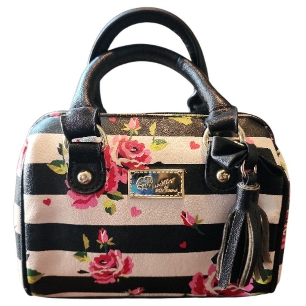 BETSEY JOHNSON | Black White Stripes Pink Floral Mini Bag Handles Bow Detail